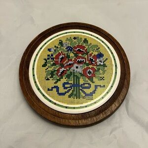 Trivet, MCM Fred Press Needlepoint Floral Design, Wood Base, Signed, Vintage EUC